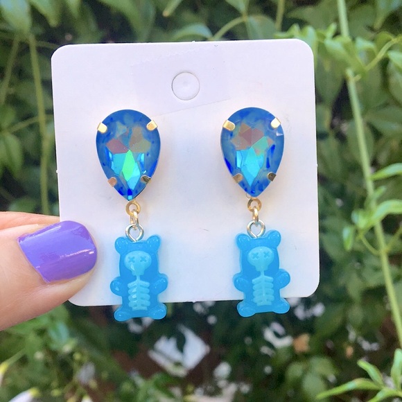 Sapphire Aurora Borealis + Skeleton Gummy Bear Halloween Crystal Drop Earrings - Picture 1 of 7